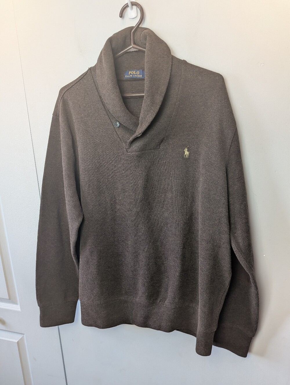 POLO RALPH LAUREN Sweater Shawl Collar Brown  Size L 100% Cotton Suede Patch